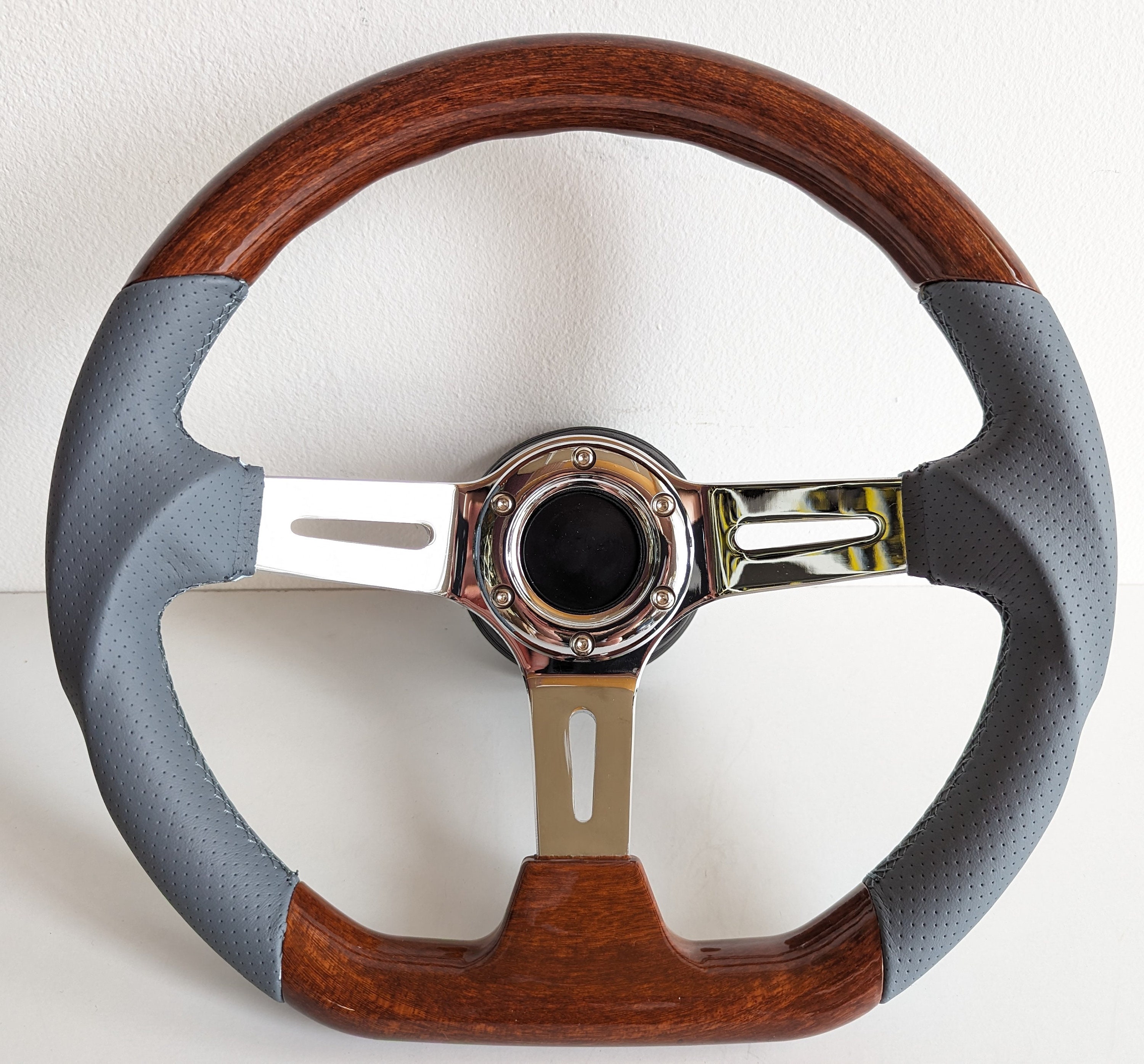Steering Wheel Used Flat Bottom Ergonomic Wood Chrome Grey Leather