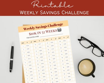 Printable 10k Weekly Savings Template - Cream | 10k Savings 52 Weeks | Printable Savings Template | 52 week Savings Challenge