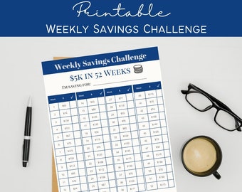Printable 5k Weekly Savings Template - Blue | 5k Savings 52 Weeks | Digital Savings Template | 52 week Savings Challenge