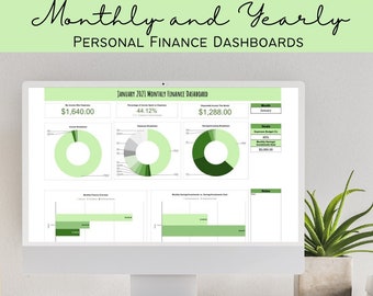 Personal Finance Monthly and Yearly Dashboards - Green | Money Tracker | Expense Tracker Google Sheets