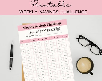 Printable 5k Weekly Savings Template - Pink | 5k Savings 52 Weeks | Digital Savings Template | 52 week Savings Challenge