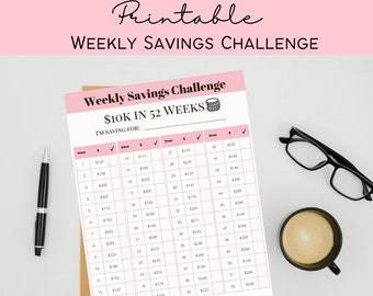 Printable 10k Weekly Savings Template - Pink | 10k Savings 52 Weeks | Digital Savings Template | 52 week Savings Challenge