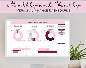 Personal Finance Monthly and Yearly Dashboards - Pink | Money Tracker | Expense Tracker Google Sheets