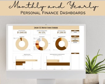 Personal Finance Monthly and Yearly Dashboards - Brown | Personal Finance Tracker | Expense Tracker Google Sheets