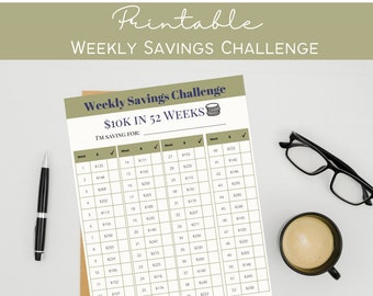Printable 10k Weekly Savings Template - Green | 10k Savings 52 Weeks | Printable Savings Template | 52 week Savings Challenge