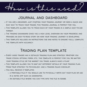 May include: A light gray printable worksheet with the title "How is this used?" and two sections: "Journal and Dashboard" and "Trading Plan Template". The worksheet provides instructions on how to use a trading journal and trading plan template.