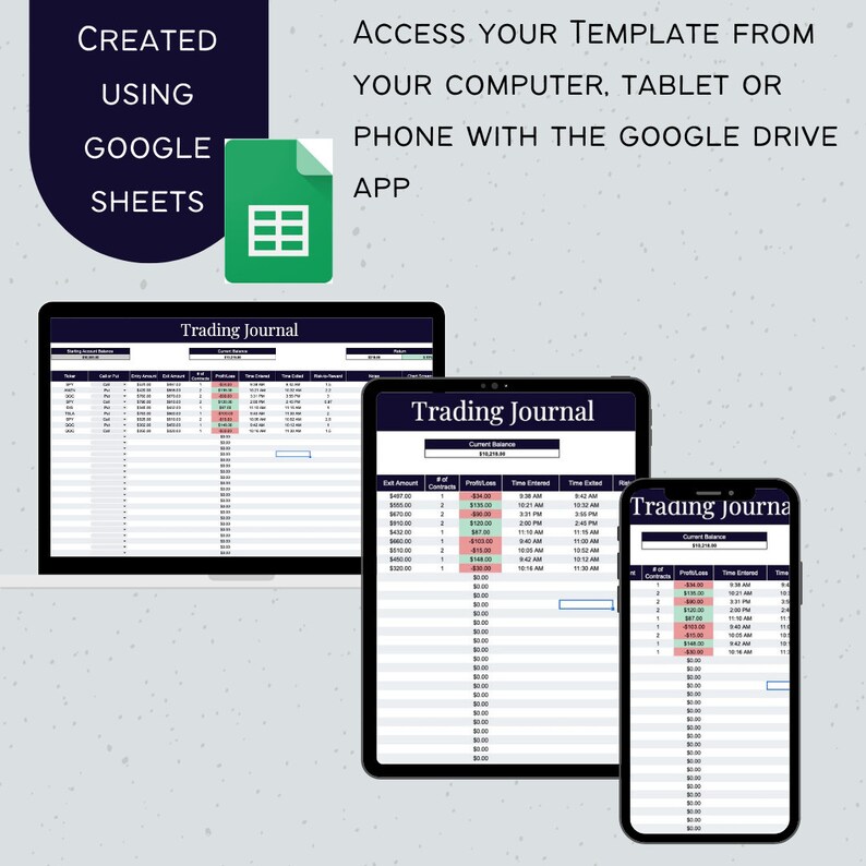 Op de afbeelding: Een screenshot dat een Google Sheets-spreadsheet toont met de titel "Trading Journal" op een computer, tablet en telefoon. De spreadsheet is ontworpen om handelsactiviteit bij te houden, inclusief in- en uitbetalingsbedragen, winst/verlies, ingangs- en uitgangstijd.