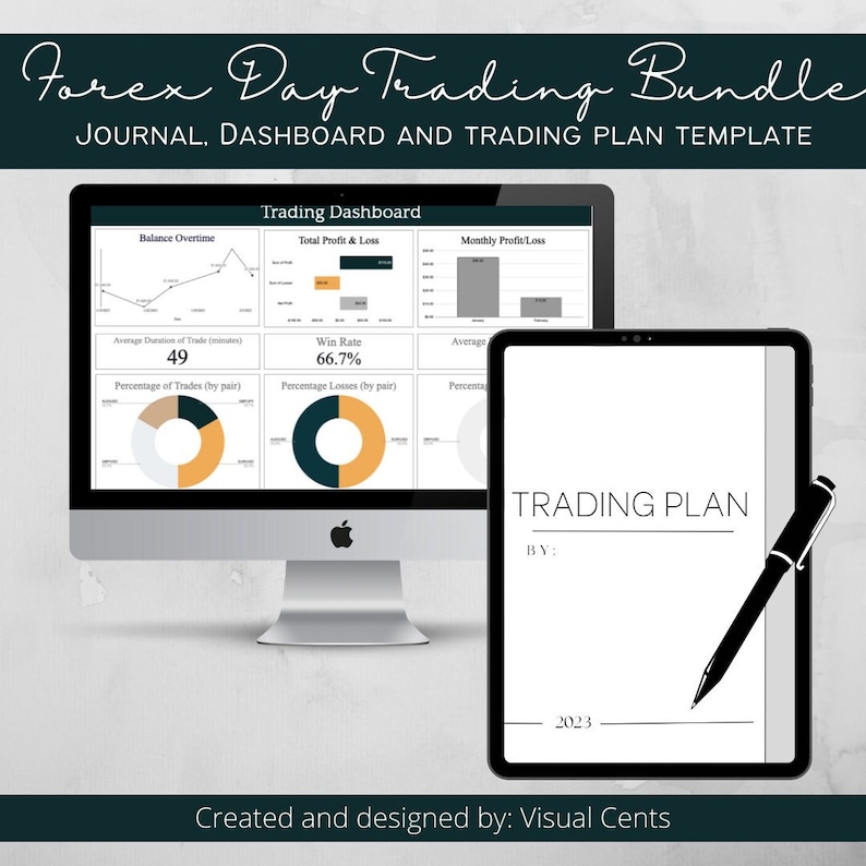 May include: A computer screen displaying a forex trading dashboard with charts and graphs showing balance overtime, total profit and loss, monthly profit and loss, average duration of trade, win rate, percentage of trades by pair, and percentage losses by pair. A tablet screen next to the computer screen displays a trading plan template with the text "TRADING PLAN" and "BY:" and a line for the year 2023. The text "Created and designed by: Visual Cents" is at the bottom of the image.