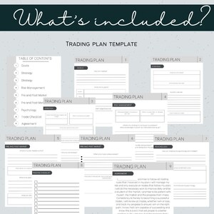 May include: A printable trading plan template with nine pages, each with a different section, including goals, strategy, risk management, pre and post market, psychology, trade checklist, and agreement. The template is designed to help traders develop a comprehensive trading plan.