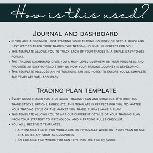 May include: A light gray background with black text explaining how to use a trading journal and dashboard template. The text includes bullet points and headings such as "Journal and Dashboard", "Trading Plan Template", and "You will receive 2 templates".