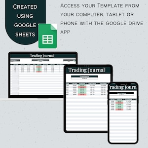 May include: A screenshot showing a Google Sheets spreadsheet template for a trading journal. The template is displayed on a computer, tablet, and phone screen. The template includes columns for price, lot size, profit/loss, time entered, and time exited.