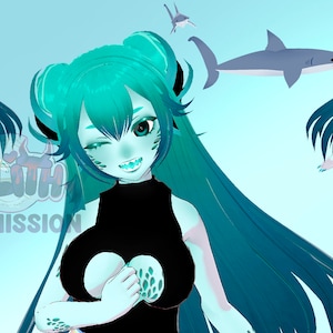 May include: A digital illustration of a female character with teal hair and a black top. She has a shark fin on her head and a shark tail. She is winking and has a toothy grin. The background is a light blue colour.