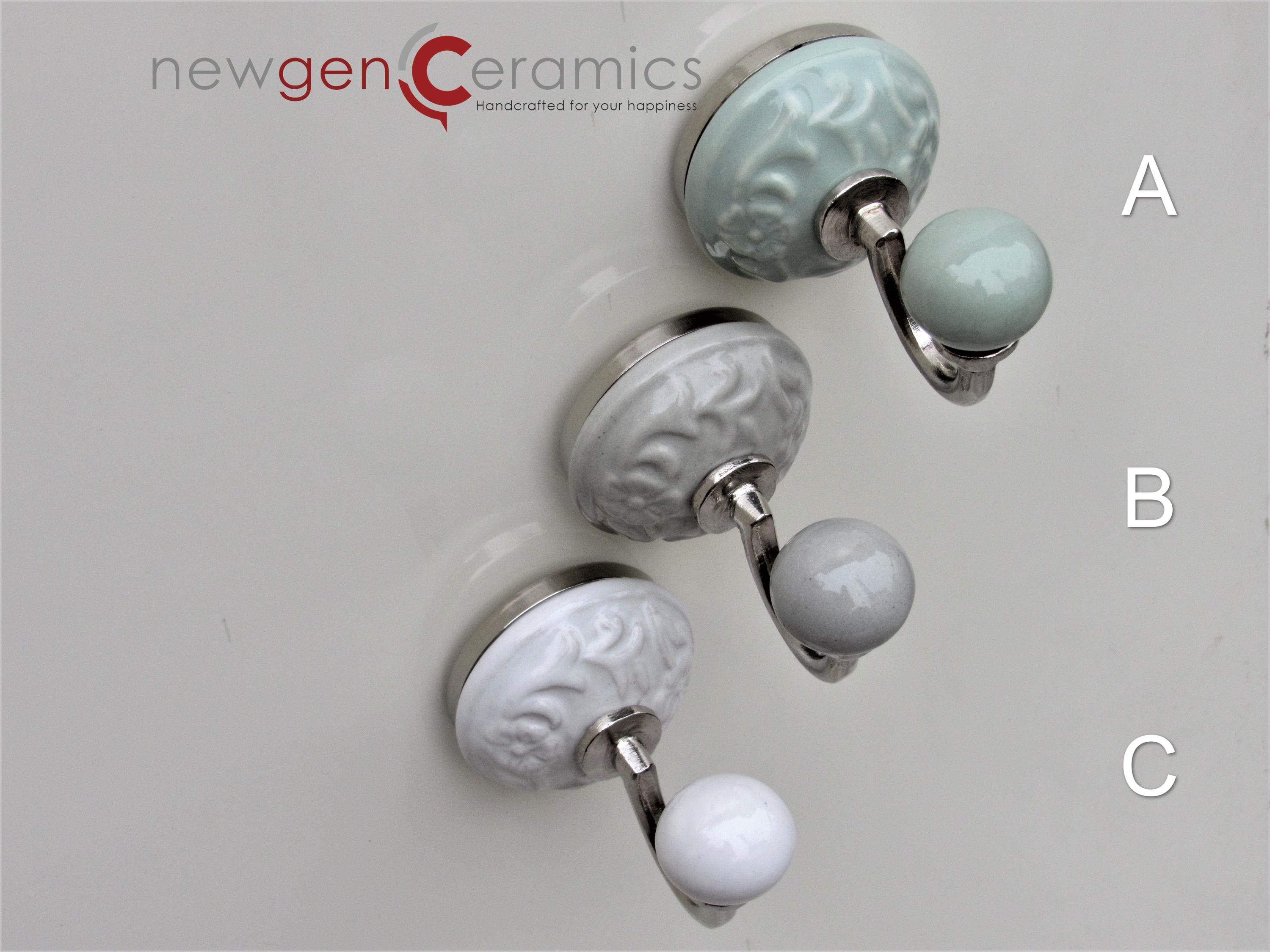 Teal Gray White Embossed Ceramic Wall Hooks/Handmade ceramic hook/Decorative Hooks/Kitchen Wall Hooks/ Coat Hangers /Towel Hanger