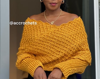 Crochet Wrap Sweater with Sleeves Pattern | Diamond Scarf Shrug | Easy, Size-Inclusive XS–5X | Sport Weight | PDF