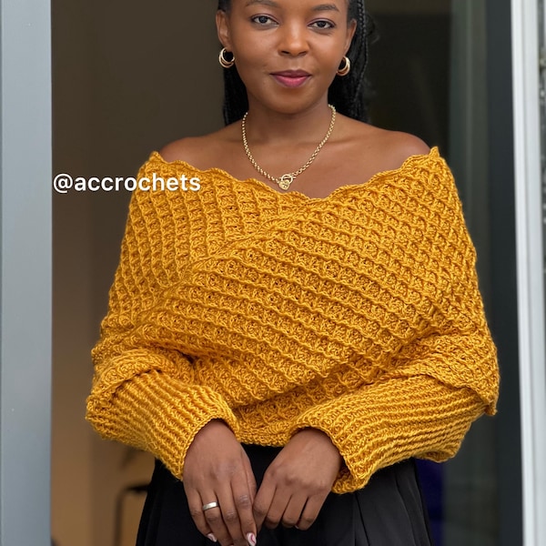 Crochet Wrap Sweater with Sleeves Pattern | Diamond Scarf Shrug | Easy, Size-Inclusive XS–5X | Sport Weight | PDF