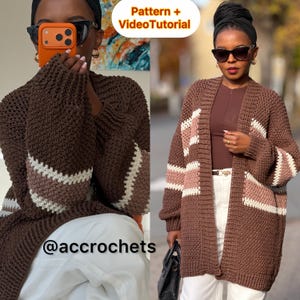 May include: A brown crochet cardigan with white and pink stripes on the sleeves and front panels. The text "Pattern + VideoTutorial" is in the upper right corner, and the Instagram handle "@accrochets" is at the bottom.