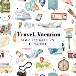 May include: A watercolor seamless pattern featuring travel and vacation themed illustrations. The pattern includes a compass, a map, a camera, a suitcase, a plane, a sailboat, a guitar, a palm tree, a backpack, a beach umbrella, a pair of binoculars, a vintage van, and a signpost. The pattern is perfect for use in scrapbooking, card making, and other craft projects.