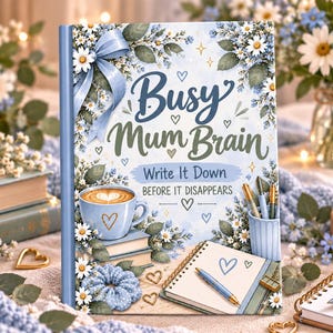 Cuaderno Busy Mum Brain A5, diario azul con estampado floral, tapa dura con renglones para mamás.