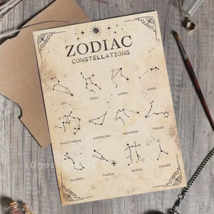 Affiche numérique antique de constellations de signes du zodiaque | Carte des étoiles de la sorcière cosmique | signes du zodiaque vintage | Page du livre des ombres, feuille de grimoire