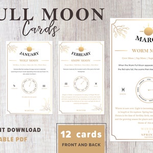 Tarjetas de luna llena, tarjetas imprimibles de 12 meses, rueda del año wiccana, significado del sabbat, signos astrológicos, baraja de cartas, ilustraciones doradas