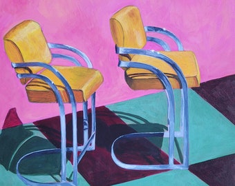 No. 11 Chairs and Shadows Series original framed painting, chair art, acrylic painting, framed art, pink painting, contemporary art,