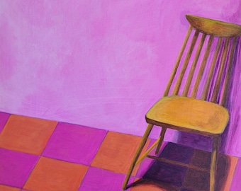 No. 14 Chairs and Shadows Series original framed painting, chair art, acrylic painting, framed art, pink painting, contemporary art,