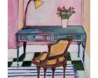 ORIGINAL acrylic painting. Chair art. Stilllife painting chair. Interior still life. Pink wall decor. Contemporary art. Original still life.