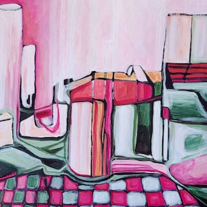 ORIGINAL painting acrylic. Abstract art original. Abstract pink painting. Abstract interior art. Abstract still life painting. Pink green