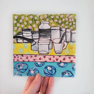 Kitchen still life painting. Original acrylic painting. Flowers illustration. Fruit artwork. Stilllife illustration. Kitchen decor art.