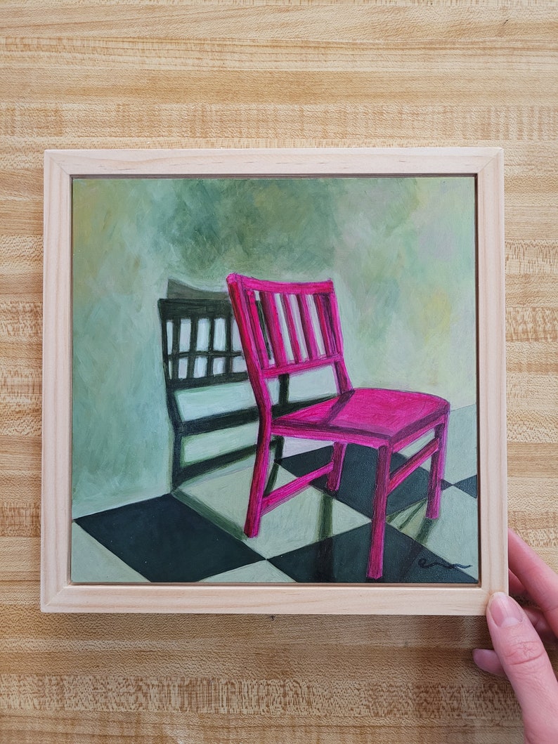 No. 5 Chairs and Shadows Series original framed painting, chair art, acrylic painting, framed art, pink painting, contemporary art, image 2