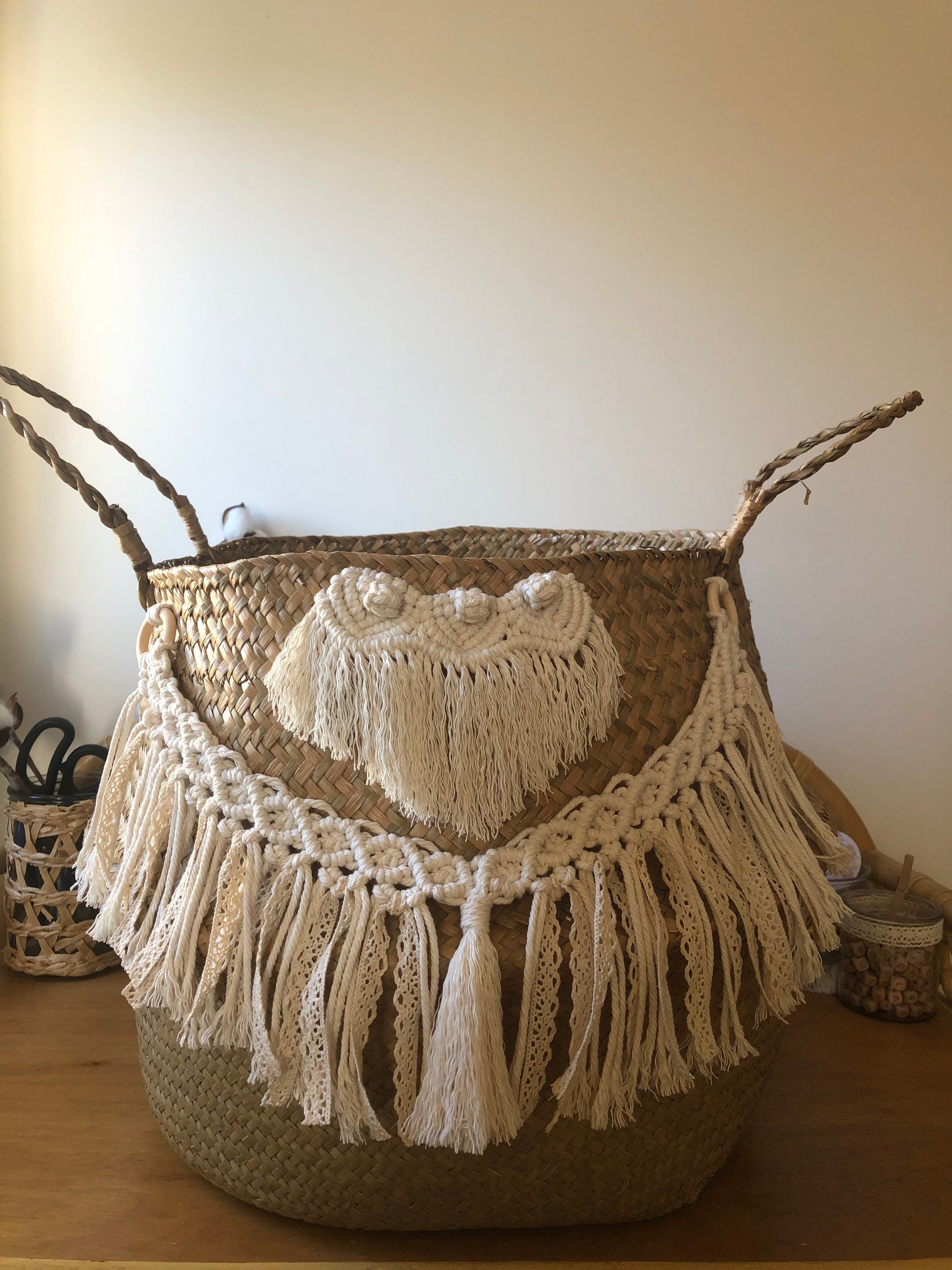 Panier Xxl avec Macramé en Coton et Dentelle