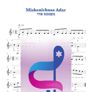Mischenichnas Adar. Leichtes judenblaues Klavier | Purim Song Notenblatt mit Akkorden.
