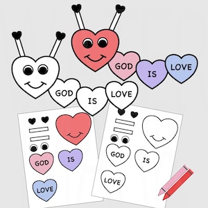 Op de afbeelding: Een printbare knutselactiviteit voor kinderen met een hartvormige rups waarop de woorden "God is Liefde" op elk segment worden herhaald. De printbare bevat losse onderdelen om uit te knippen en de rups in elkaar te zetten.