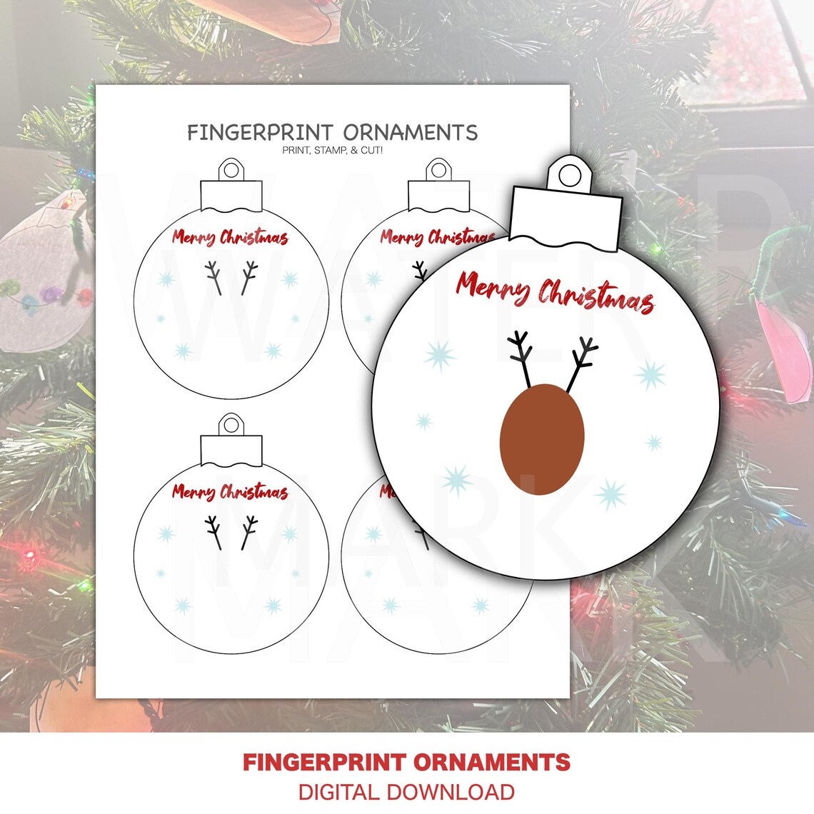 Printable Paper Ornament Fingerprint Reindeer Christmas Kids Ornaments ...