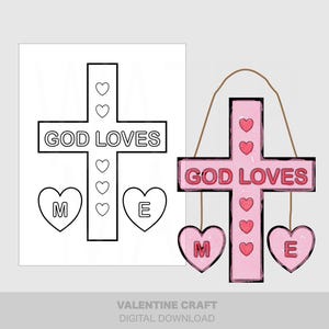 Valentinstag Kreuz Mobile Färbung Gott liebt mich druckbares hängendes Handwerk - Kinder Färbung Ausschnitt Handwerk - Sonntagsschule Färbung - Bibel druckbar