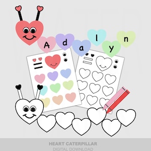 Valentine&#39;s heart caterpillar printable - kids heart craft - kid coloring valentine activity - class craft - preschool name love bug craft