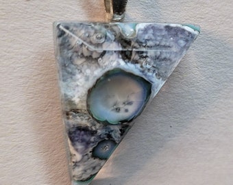 Fused Glass Pendant of Boiled Glass in blues, white and purple. Sterling Silver bail.