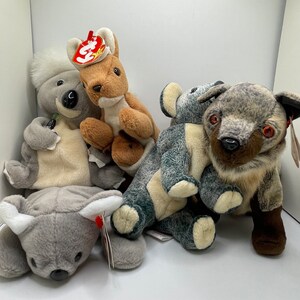 Beanie Babies (Mel, Eucalyptus, Pouch, Howl) and Coca-Cola Koala - Vintage 1990s