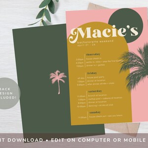 Retro Miami Bachelorette Itinerary Template Digital Download Editable Personalize Party Card Girls Bach Weekend Beach Travel Florida 107_MIA