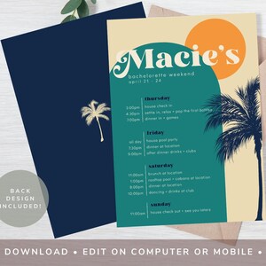 Retro Miami Bachelorette Itinerary Template Digital Download Editable Personalize Party Card Girls Bach Weekend Beach Travel Florida 119_MIA