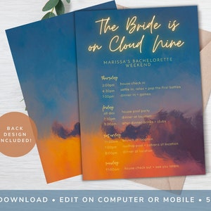 Bride is on Cloud Nine Bachelorette Itinerary Template Digital Download Editable Party Card Girls Weekend Beach Travel Florida 141_NINE
