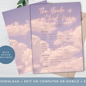 Bride is on Cloud Nine Bachelorette Itinerary Template Digital Download Bride is on Cloud 9 Bridal Shower Invitation Template Card 142_NINE