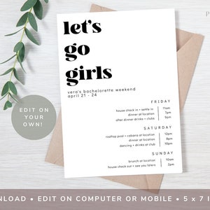 MINIMALIST Let's Go Girls Bachelorette Itinerary Template Digital Download Editable Party Card Personalize Bach Weekend Travel 126_SHIA