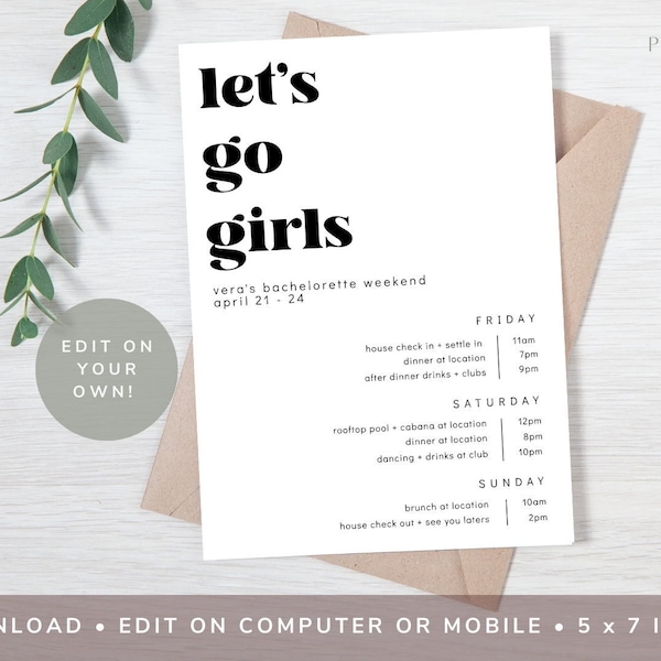 MINIMALIST Let's Go Girls Bachelorette Itinerary Template Digital Download Editable Party Card Personalize Bach Weekend Travel 126_SHIA