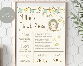 Printable Babys First Year Milestone Board Template Hedgehog Editable 1st Birthday Milestone Sign Birthday Poster Instant Download 109 QUIL