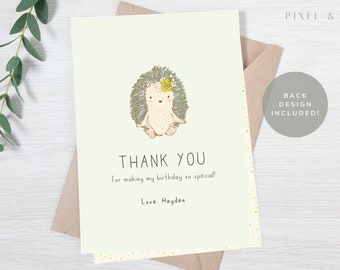 Editable Hedgehog Thank You Card Template Woodland Birthday First Birthday Card Girl Birthday Card Digital Party Invitation 105_QUIL