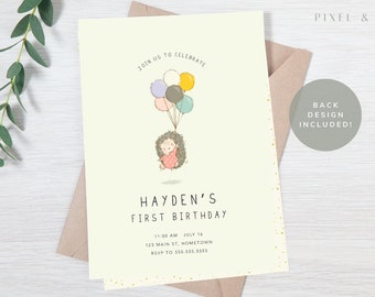 Editable Hedgehog Birthday Invitation Template Woodland Birthday First Birthday Card Girl Birthday Card Digital Party Invitation 102 QUIL