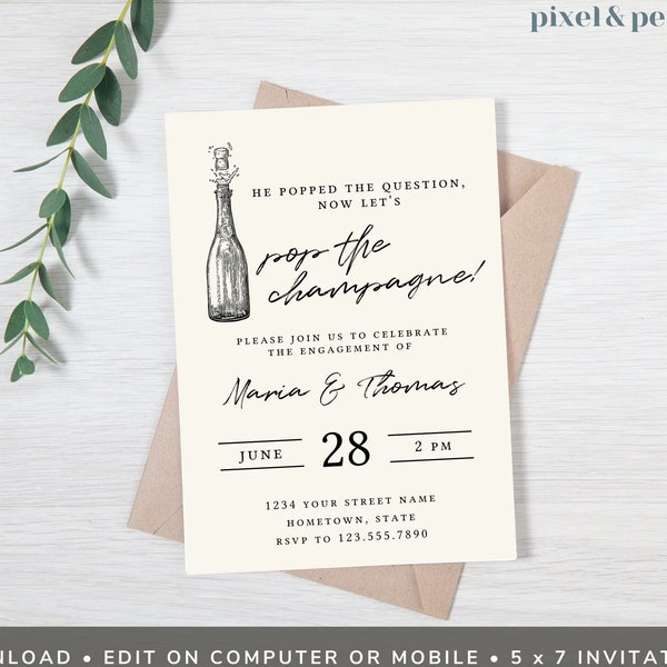 Editable Engagement Party Invitation Template Bubbly Engagement Party Editable Invite Pop the Champagne Pop the Bubbly Pop Off  237_POP