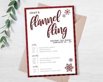 Könnte beinhalten: Ein rot-schwarz karierter Reiseplan mit dem Titel "Lilly's Flannel Fling" mit einem Zeitplan für den 21. bis 24. Januar. Das Design enthält Schneeflocken-Akzente und den Text "Try Before You Buy" und "Instant Download". Der Reiseplan ist 12,7 x 17,8 cm groß.