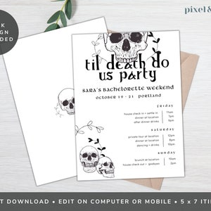 Modelo de itinerário de despedida de solteira editável até a morte nos faça download digital cartão de festa de outono de Halloween para meninas Bach fim de semana outono 201 TIL